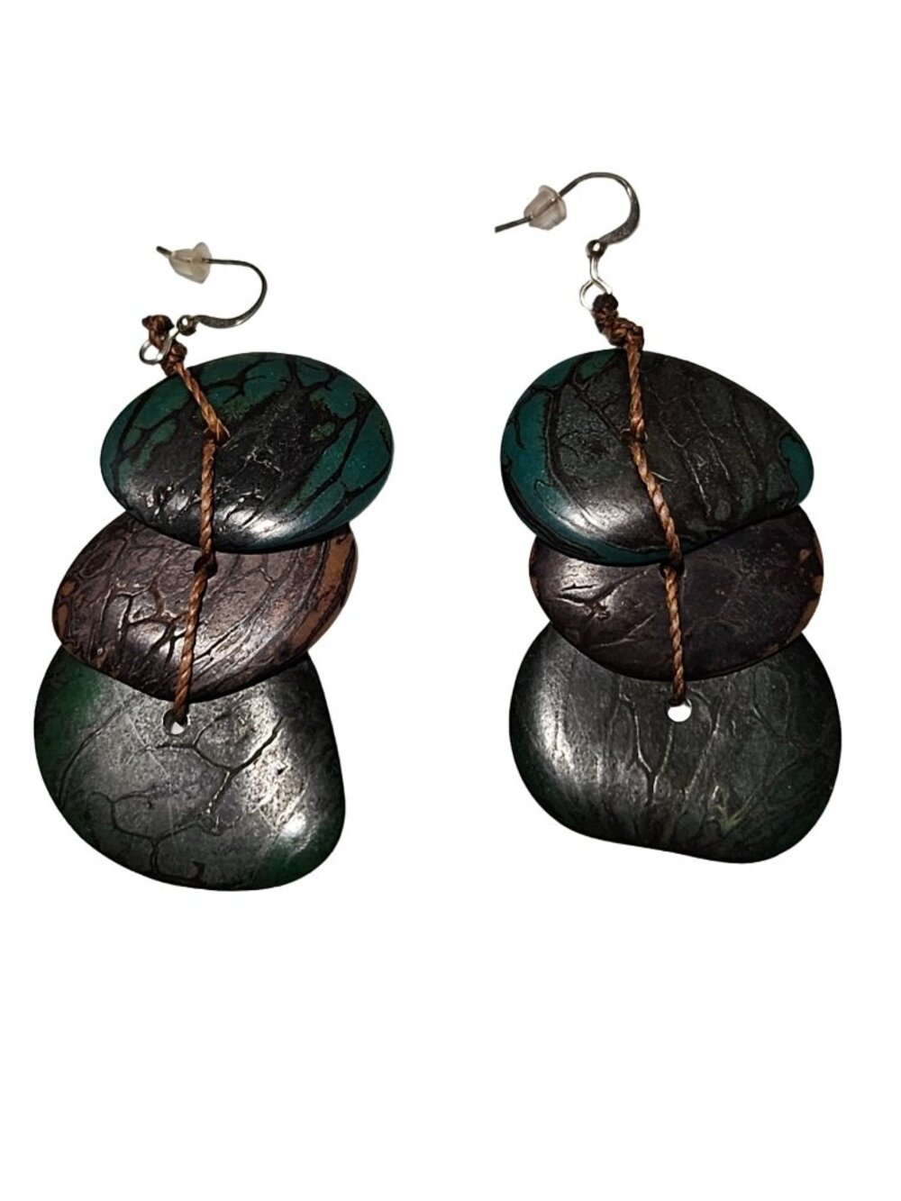 Handcrafted Dangle Earrings Green Brown Tagua Nut Tiered Tribal Artisan Boho